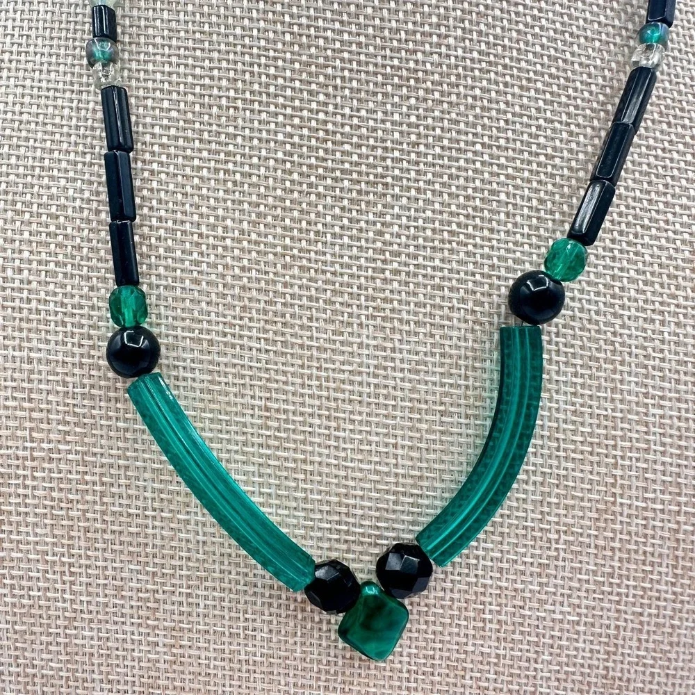 Vintage 80s Glass Bead‎ Necklace Deco Style Geometric Statement Fashion Jewelry